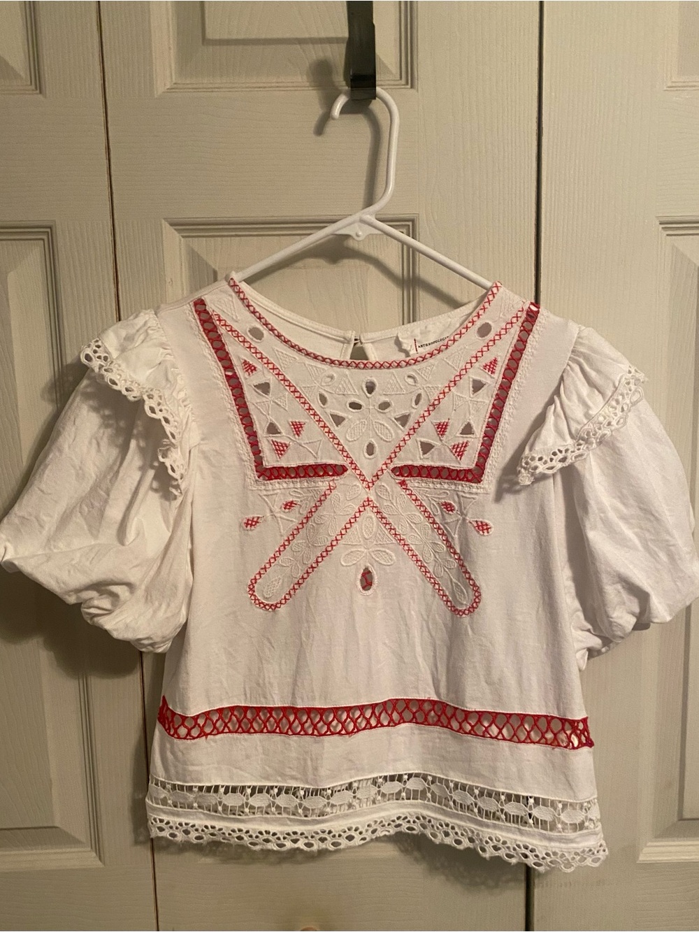 Anthropologie White Eyelet Puff-Sleeve Top with Red Embroidery